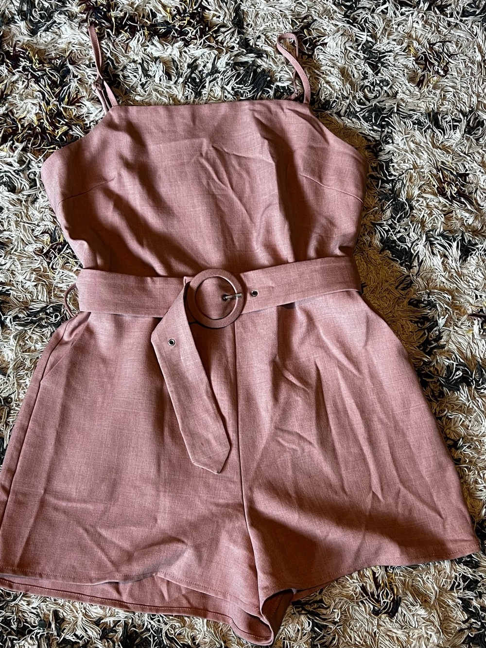 Spaghetti Strap Molly green Belted Romper in Dusty Rose